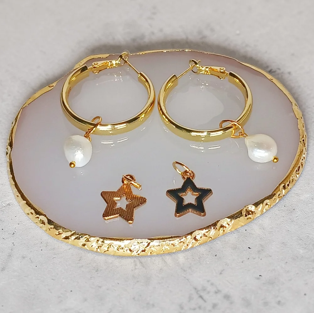 Chunky Gold over Sterling Hoop Earrings Interchangable Charms Pearl Drop Glam